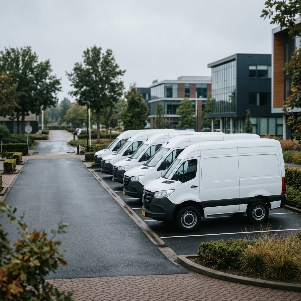 A fleet of white commercial vans parked at a Dutch business park